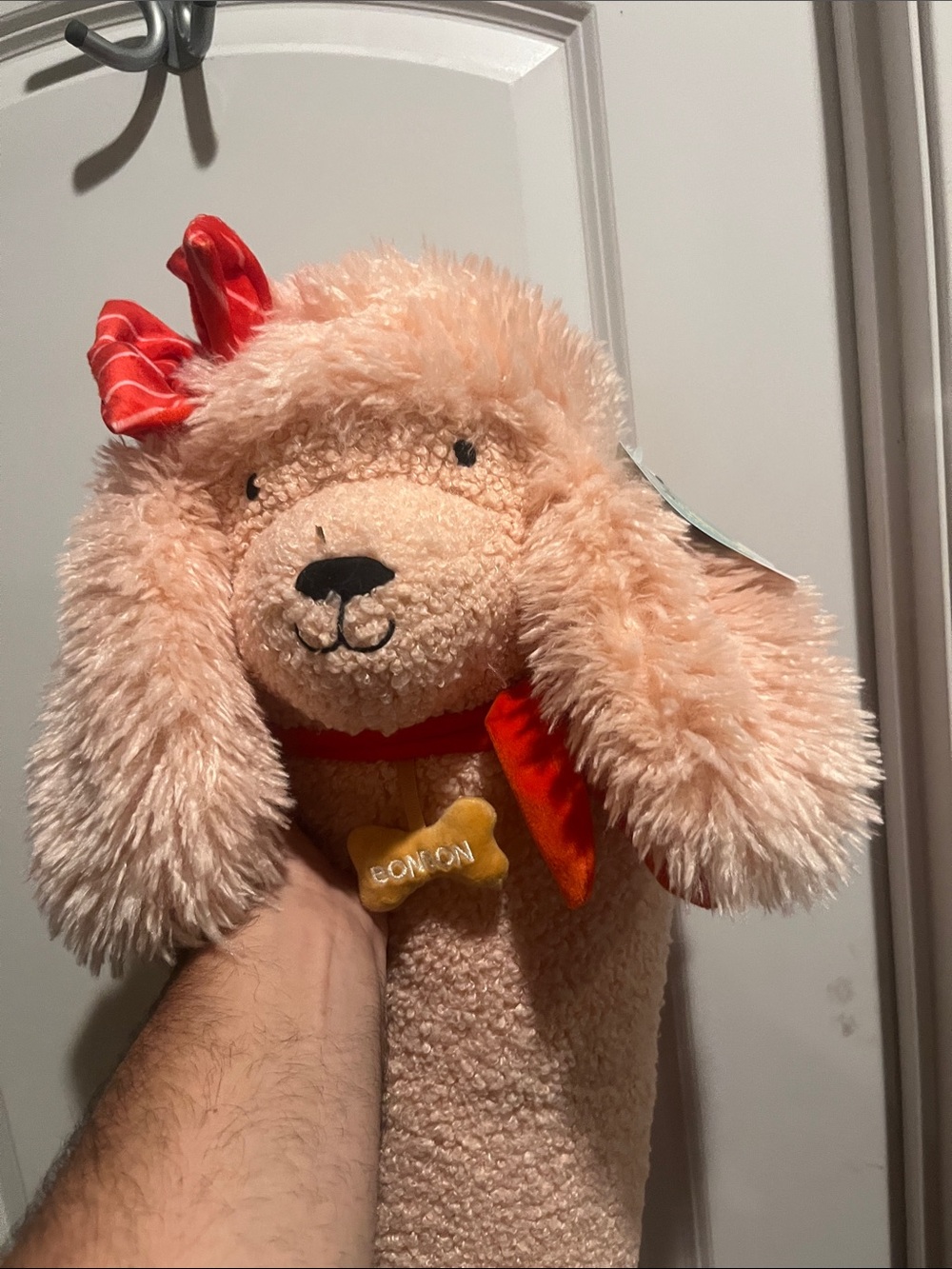 Pillowfort Peach Plush Dog with Red Bow and Collar